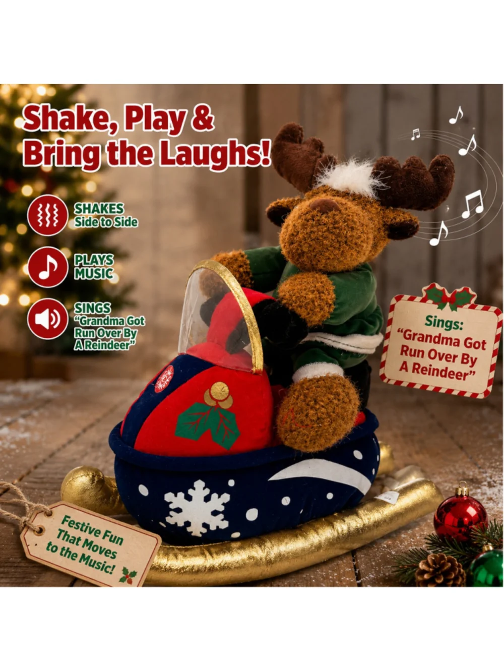 Dan Dee Main Joy Musical Christmas Moose Snowmobile Animated Shakes Sings